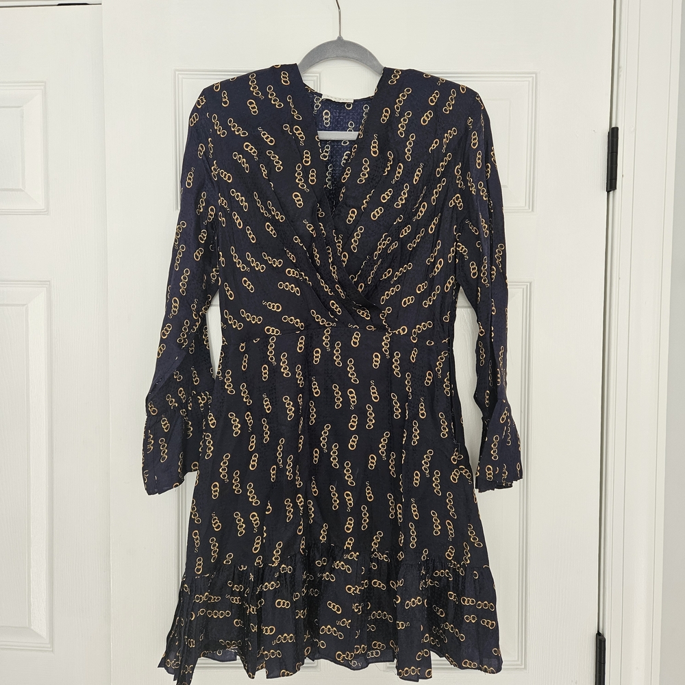 Sandro Navy and Gold Chain Pattern Dress